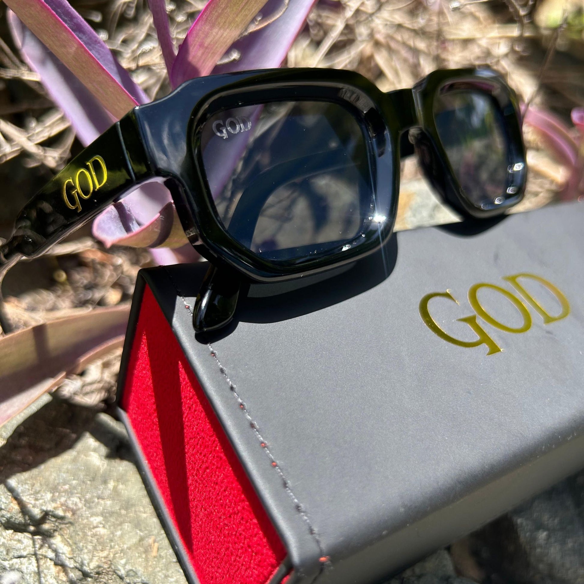 Island God black chunky rectangle sunglasses with gold logo on the arm, displayed on black and red case outdoors with tropical foliage.